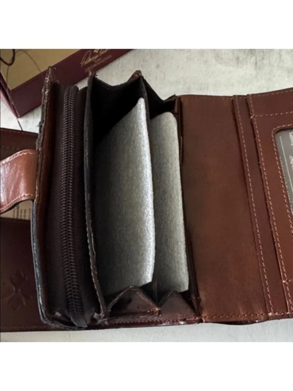 PATRICIA NASH Cametti floral leather RFID trifold wallet Prairie Rose Tan Red
